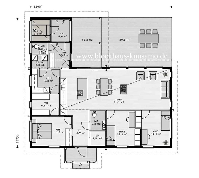 EG-Grundriss - Blockhaus Entwurf - Hausplanung - Neubau - Grundspannung  -  Holzhaus  Entwurf - Holzbau - Grundstück - Einfamilienhaus - Wohnhaus 