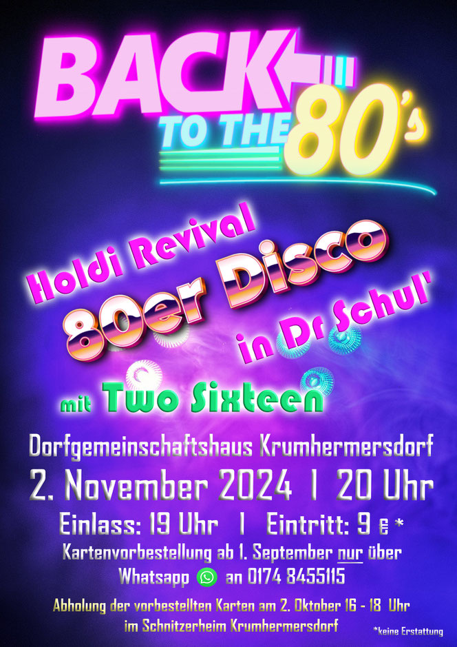80er Disco in Dr Schul am 2. November 2024