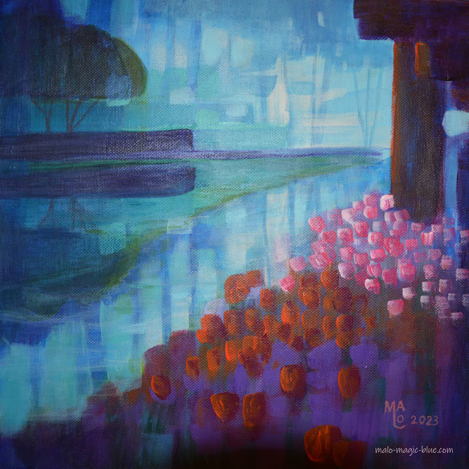 Mit einem abstrahierten Bild einer Parklandschaft mit Tulpen am Wasser überrascht der Grazer Künstler MaLo Magic Blue seine Fans.