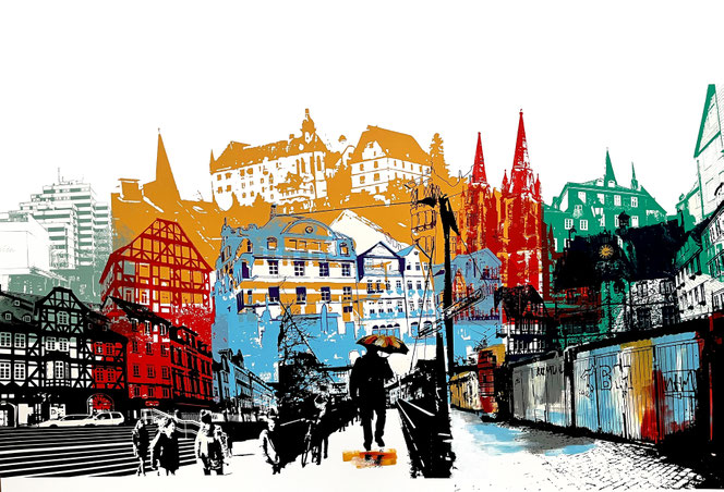 Über die Lahn, Siebdruck und Mischtechnik auf Papier, 70x100cm, 2024, 1.300€