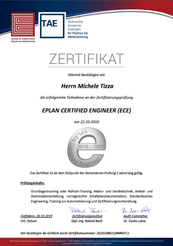 Zertifikat EPLAN Certified Engineer ECE Michele Tizza