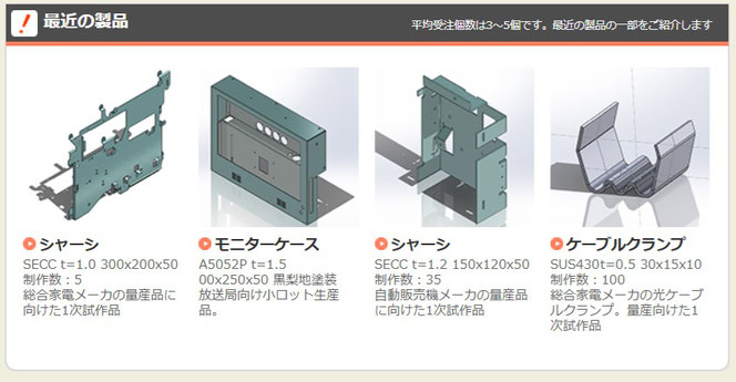 平均受注個数は3～5個です。最近の製品の一部をご紹介します