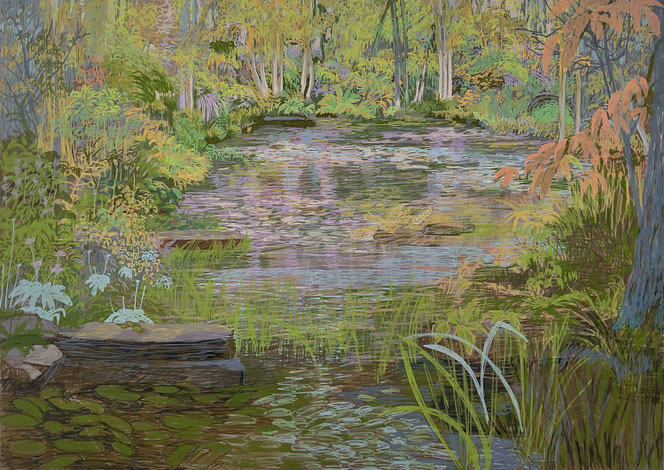 Asta Rode, Juwel zählt ihre Blätter, Acrylstift auf Leinwand, 100x140 cm, 2024