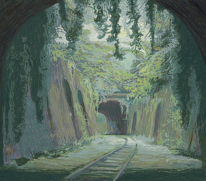 Asta Rode, Vergessenes Gleis, Acrylstift auf Leinwand, 70x80 cm, 2025