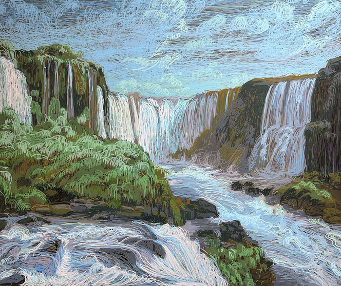 Fallende Wasser, Acrylstift auf Leinwand, 100x120 cm, 2023 (Iguazu Falls)
