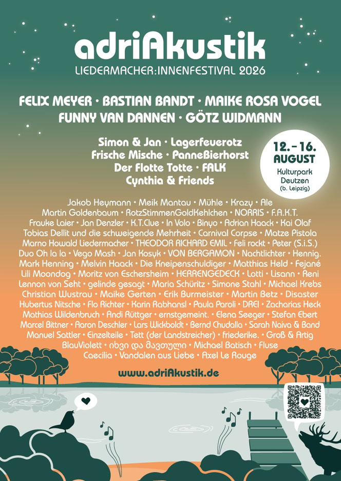 Poster des adriAkustik Liedermacher:innen-Festival 2026 mit allen Künstler:innen