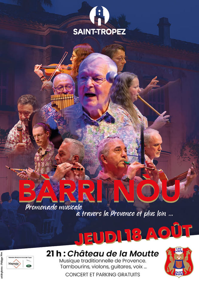 Concert de Bàrri Nòu pour une promenade musicale le 18 août 2022 à 21H00 dans le cadre privilégié du Château de la Moutte. Accès libre et parking gratuit.