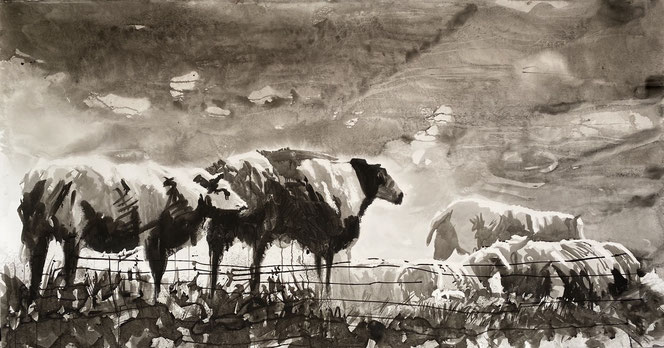 Op de dijk, ink on paper 107x200cm