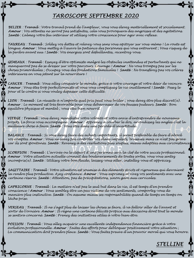 Taroscope de septembre 2020 par Stelline Voyance