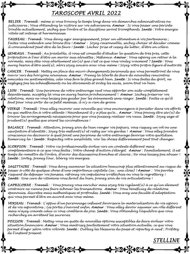 Taroscope d'Avril 2022 par Stelline Voyance