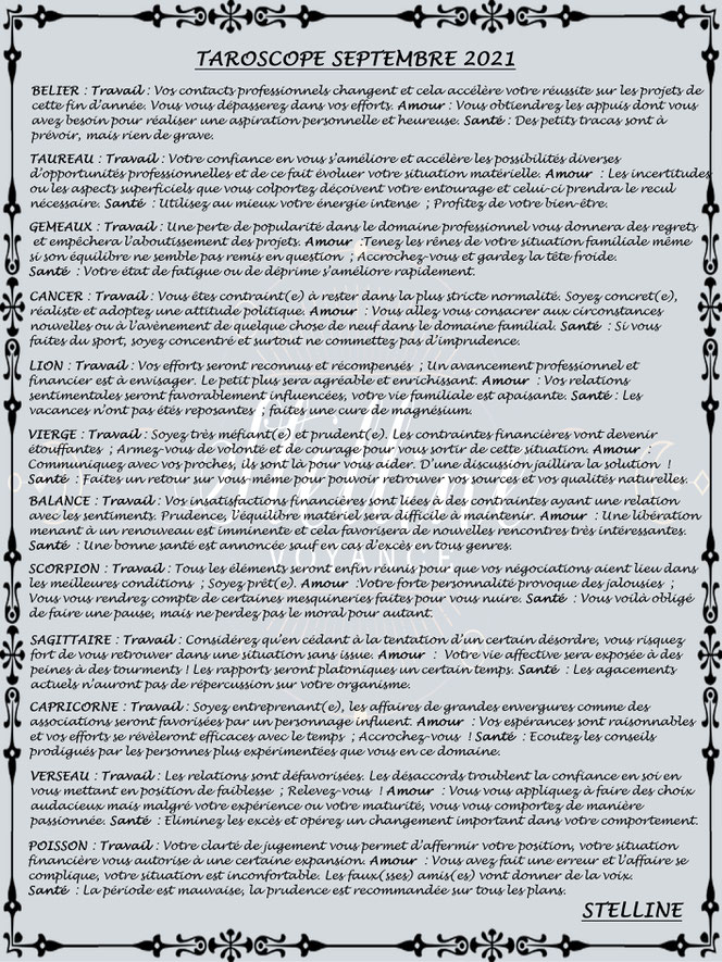 Taroscope de Septembre 2021 par Stelline Voyance