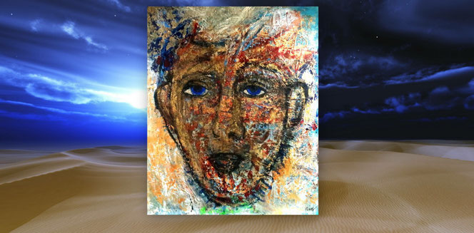 Moderne Leinwandbilder, Gemälde, Acrylbilder, Abstrakte Malerei, Blau, Gold, abstrakte Gesichter, Bunt, Querformat,