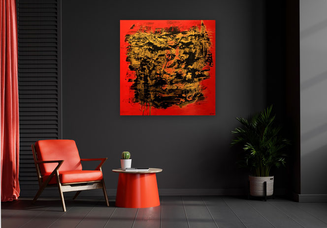 Moderne Malerei, Moderne Gemälde, Acryl, Gemälde: Gegenlicht. rot, stark, schwarz, organge, gold - dunkel