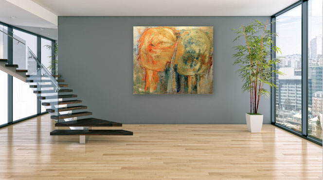 Abstrakte Impressionen: Acrylbilder abstrakt als Blickfang in jedem Raum - Gesichter - Zweisamkeit - Wohnbereich, repräsentativ - graue Wand