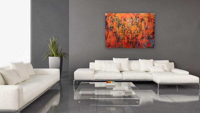 Originale Kunstwerke: Handgemalte abstrakte Bilder in Galerie-Qualität - Gemälde "Rain Forest" - vor Sofa