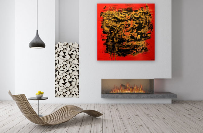 Moderne Malerei, Moderne Gemälde, Acryl, Gemälde: Gegenlicht. rot, stark, schwarz, organge, gold - kamin