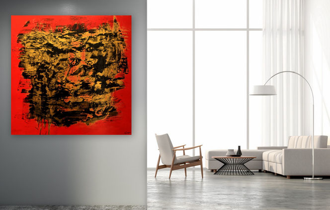 Moderne Malerei, Moderne Gemälde, Acryl, Gemälde: Gegenlicht. rot, stark, schwarz, organge, gold - hell