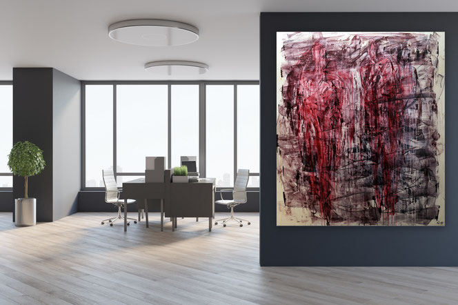 Abstrakte Impressionen: Acrylbilder abstrakt als Blickfang in jedem Raum - ausdrucksstark, kräftig - graues, dunkles Wohnzimmer - 