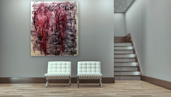 Abstrakte Impressionen: Acrylbilder abstrakt als Blickfang in jedem Raum - ausdrucksstark, kräftig - weisses, helles Wohnzimmer - hellgraue wand