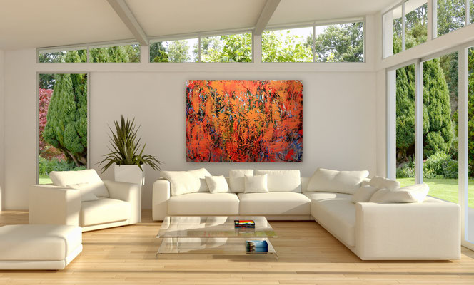 Originale Kunstwerke: Handgemalte abstrakte Bilder in Galerie-Qualität - Gemälde "Rain Forest" - vor Sofa 2