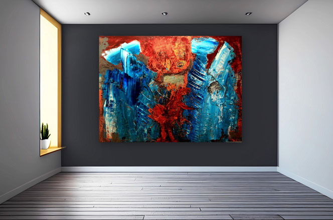 Moderne Leinwandbilder, Gemälde, Acrylbilder, Abstrakte Malerei, Blau, Silber, Rot, Bunt, Querformat,