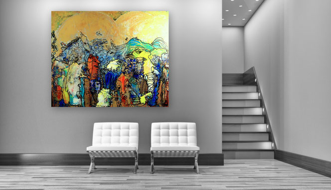 Große bunte Bilder, große Bilder Acryl, große bunte Wohnzimmerbilder, Bilder gespachtelt, Bilder großformatig, Kunst Bilder, zeitgenössische Malerei,