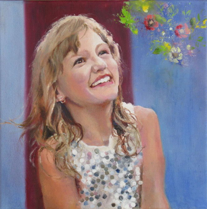 Freudige Erwartung. Kinderportrait in Öl auf Leinwand von Gabriele Koenigs (2025). Auftragsarbeit. 40 cm x 40 cm.