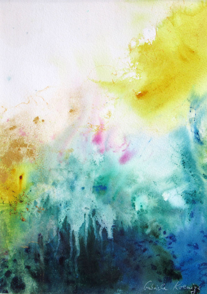 Über den Abgründen wird es licht. Abstraktes Gemälde in Aquarell von Gabriele Koenigs (2025). Im Passepartout für Bilderrahmengröße 50 cm x 60 cm. Als Original erhältlich