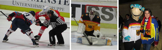 Eishockeyspieler, Torwart, Maskottchen Urmel mit Regina Wall