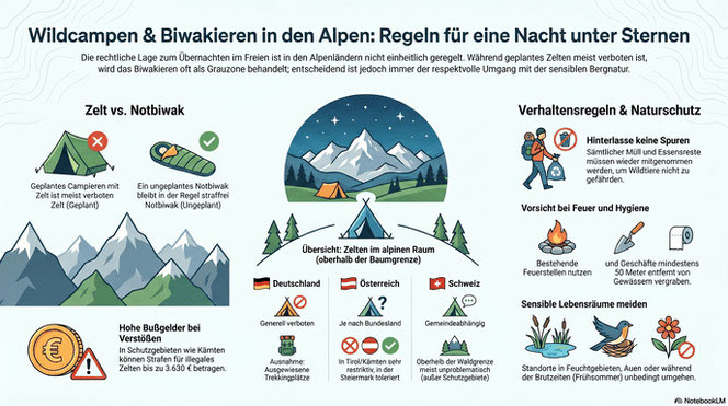 Regeln zum Wildcampen und Biwakieren in den Alpen. Die Infografik unterscheidet zwischen verbotenem, geplantem Zelten und meist straffreiem Notbiwak, gibt Verhaltenstipps (Leave No Trace) und zeigt länderspezifische Regelungen für Deutschland, Österreich 
