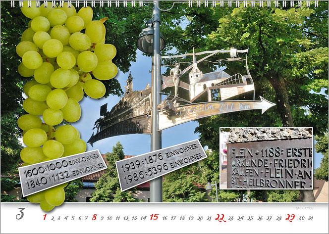 März im Weinkalender rund um Flein. Es ist ein Foto einer silbernen Plastik auf dem Dorfplatz vor blauem Himmel und grünen Bäumen. Links ist eine große Weintraube einmotiert. Drei Hinweistafeln sind am unteren Rand. Ganz unten ist das Kalendarium.