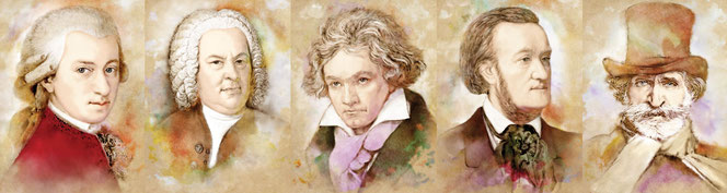 Im Aquarell-Stil sind fünf Komponisten-Portäts zu einem extremen Querformat zusammengestellt. Es sind Mozart, Bach. Beethoven, Wagner und Verdi.
