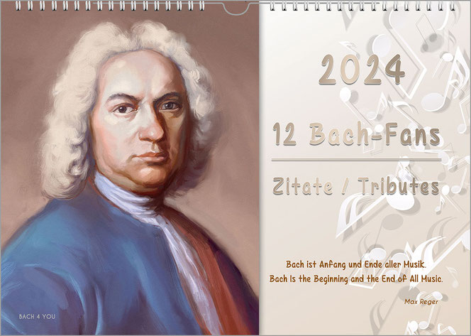 Der Bach-Kalender-Titel ist senkrecht in zwei Bereiche geteilt. Links ist das sogenannte Ihlebild als Ölbild, rechts ist auf hellem Grund zunächst die Jahreszahl oben, darunter der Titel und darunter ein kurzes Zitat über Bach.