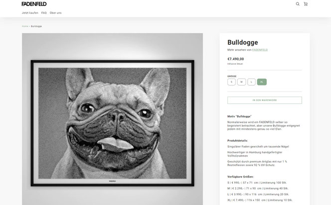 Die Webseite eines Fadenbild-Anbieters. Links ist riesig das Bild einer Bulldogge in Schwarzweiß, rechts ist das passende Angebot im Fließtext.