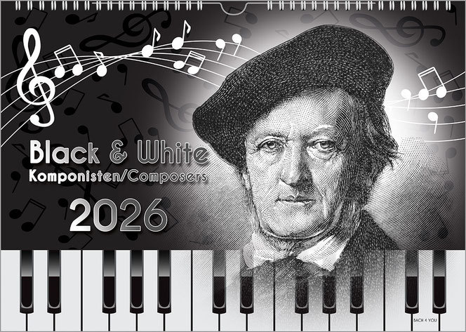 Ein schwarzweißer Kalender im Querformat. Oben ist Wagner als Holzstich, darunter ist eine Klaviatur eines Klaviers angedeutet. Oben sind weiße Noten auf grauem Grund, links sind Titel und Jahreszahl.