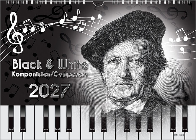 Ein schwarzweißer Kalender im Querformat. Oben ist Wagner als Holzstich, darunter ist eine Klaviatur eines Klaviers angedeutet. Oben sind weiße Noten auf grauem Grund, links sind Titel und Jahreszahl.