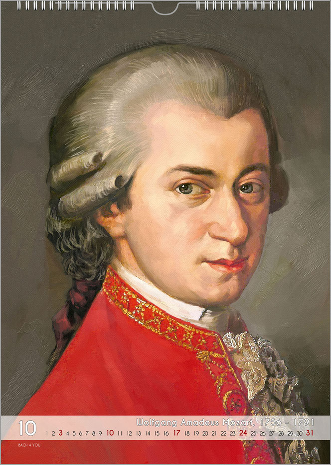 Es ist ein hochformatiges Motiv von Mozart auf einem Kalender-Monatsblatt. Es ist eines der berühmten Porträts mit seiner roten Jacke. Unten ist in einem milchigen Band das Kalendarium.