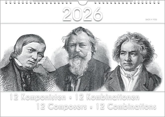 Der Musik-Kalender ist ein Komponisten-Kalender im Breitformat. In drei waagrechten Flächen sind oben die Jahreszahhl, in der Mitte drei Portäts von Komponisten als Holzstiche und unten ist der Titel in weißer Schrift mit grauem RAnd auf weißem Grund.