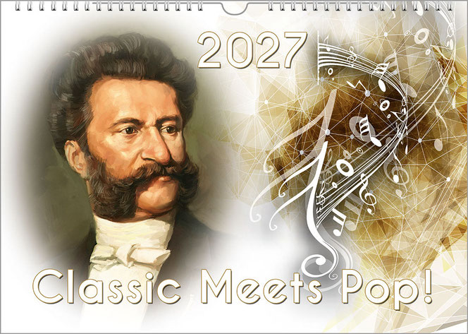 1 von 33 Komponisten-Kalendern, ein querformatiger Kalender. Auf weißem Untergrund ist links ein dem Ölgemälde täuschend echt aussehendes Gemälde, Strauss, rechts eine moderne Collage aus Brauntönen und Noten. Oben ist in Weiß das Jahr, unten der Titel.