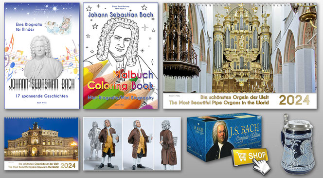 7 Musikgeschenke sind sichtbar: In der oberen Reihe sind es zwei Bücher und ein Musik-Kalender, unten ist es ein weiterer Musik-Kalender, eine Zinnfigur, ein Bach Gesamtwerk und ein Bach-Bierkrug.