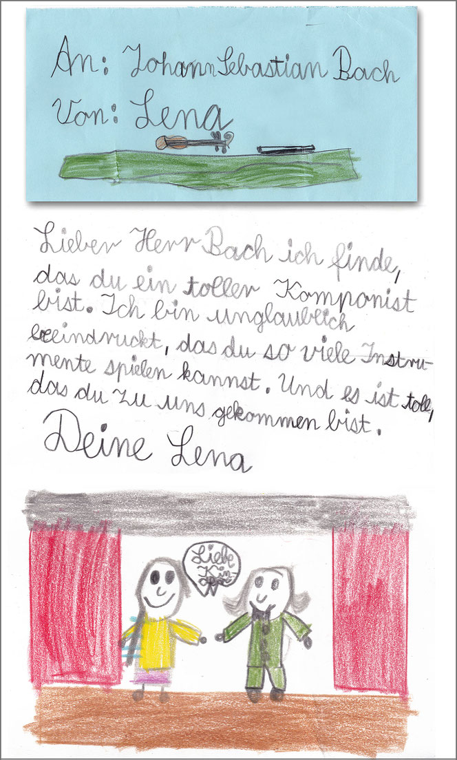 Es ist ein Brief an Johann Sebastian Bach unten. Oben ist es ein hellblauer Briefumschlag mit Adressat und Absender-Namen. Es ist eine niedliche Kinderhandschrift. Unten ist dazu ein Bild gemalt.