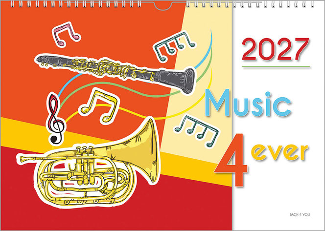Ein Vintage-Musik-Instrumente-Kalender: Links ist ein mehrfarbiger Hintergrund, das rechte Drittel ist weiß. Links sieht man Instrumente und Noten, rechts das Jahr oben, darunter der Titel.