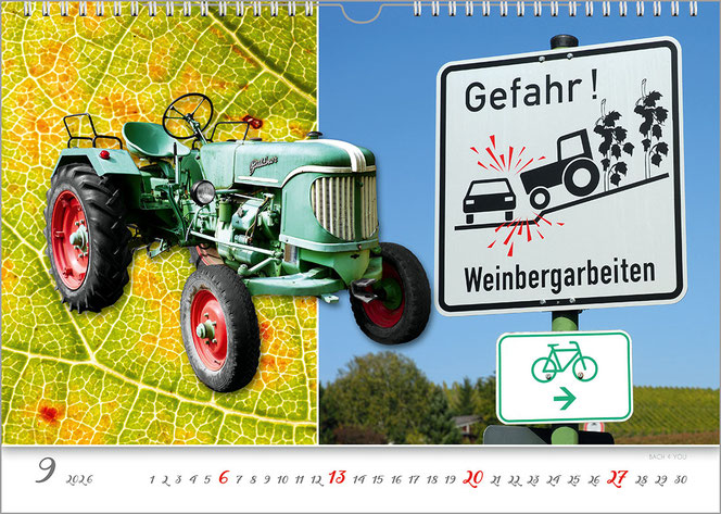 In der linken Hälfte des Kalenderblattes ist eine riesige Vergrößerung eines Weinkblattes. Rechts daneben ist ein Warnschild im Weinberg. Über beidem ist ein historischer Traktor. Unten ist auf weißer Fläche das Kalendarium.