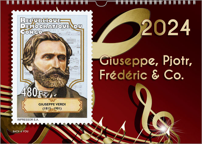 Auf dunkelrotem Grund mit goldenen Noten und Notenschlüssel ist links eine Briefmarke, die Verdi abbildet und oben rechts ist in goldenen Ziffern und Buchstaben die Jahreszahl und darunter der Kalendertitel.