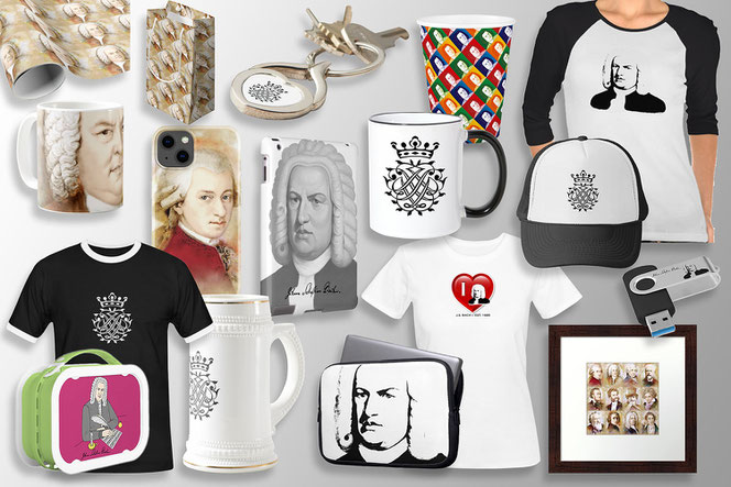 Es sind elf Buttons mit Bach-Artikeln, Firmen-Logos und einem hochformatigen Titelblatt des Unterrichtsmaterials Klassische Musik. Es sind links zwei Reihen zu je fünf Knöpfen.