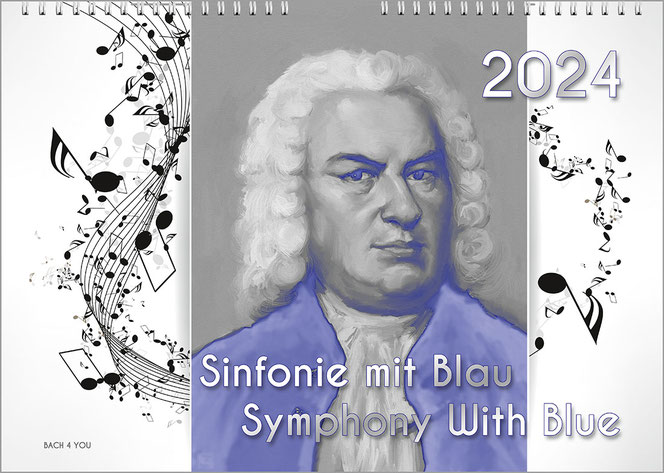 Der Bach-Kalender ist senkrecht in drei Bereiche geteilt. Die beiden äußeren Flächen sind weiß und dort sieht man spielerische, schwarze Noten. In der Mitte ist ein Portät in Blau- und Grautönen. Oben rechts ist die Jahreszahl, unten mittig ist der Titel.