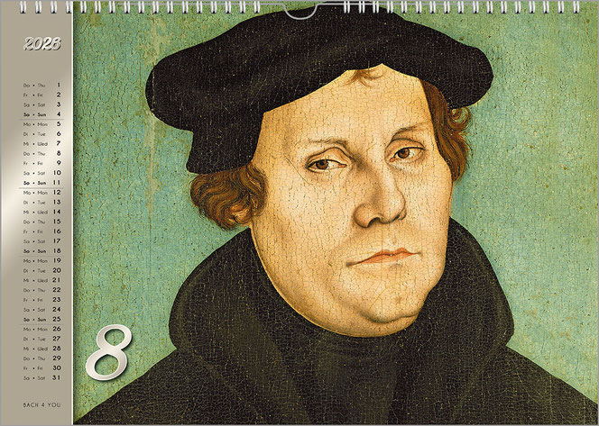 Eines der bekanntesten Bilder von Martin Luther. Vor hellgrünem Hintgergrund schaut er zum Betrachter. Links ist vor silbernem Hintergund das Kalendarium dieses Kalender-Monatsblatts.