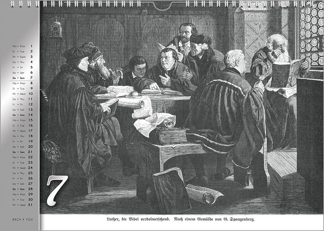 Ein schwarzweißer Holzstich. Es ist eine Szene mit mehreren Personen in einem kleinen Raum. In der Mitte sieht man Luther. Links ist, in Silber, das Kalendarium.