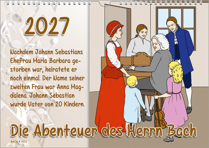 Rechts ist eine ausgemalte Zeichnung auf dem Bach-Kalender für Kinder: Bach am Klavier und die Familie steht um ihn herum. Links ist oben die Jahreszahl, darunter ein einziger Satz zur Biografie des Meisters. Unten ist der Titel mittig.