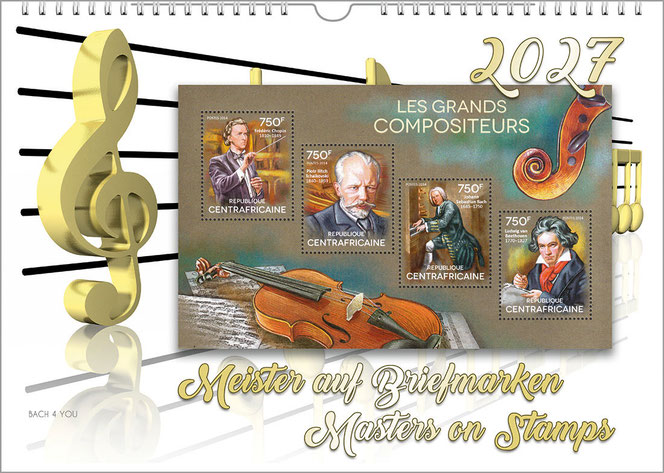 Ein Komponisten-Briefmarken-Kalender im Querformat. Auf rostrotem Grund ist links eine Briefmarke mit Verdi. Rechts ist oben das Jahr, darunter der Titel, beides in Gold.